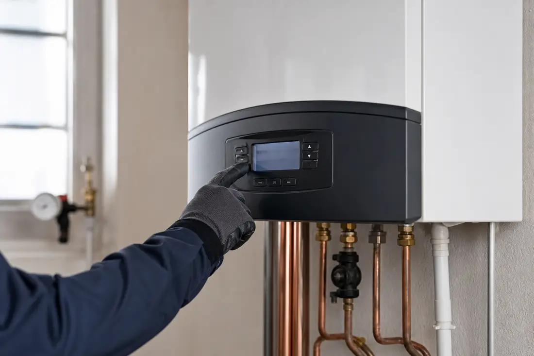Technicien chauffagiste ganté lisant le code erreur sur l'écran d'une chaudière murale à gaz dans un local technique romand