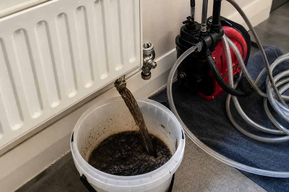 Désembouage d'un circuit de chauffage : eau chargée de boues noires s'écoulant lors du rinçage du réseau de radiateurs