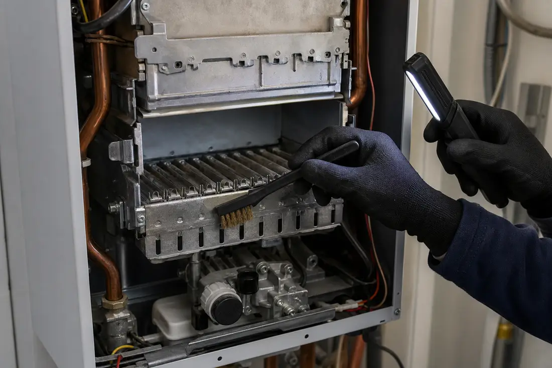 Mains gantées nettoyant le brûleur d'une chaudière lors d'un entretien annuel de chauffage