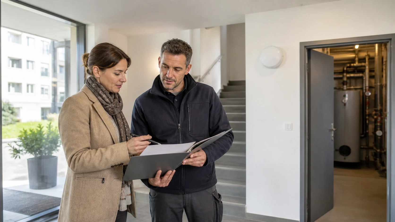 Une gestionnaire et un technicien discutent des informations de confort dans le hall d’un immeuble suisse