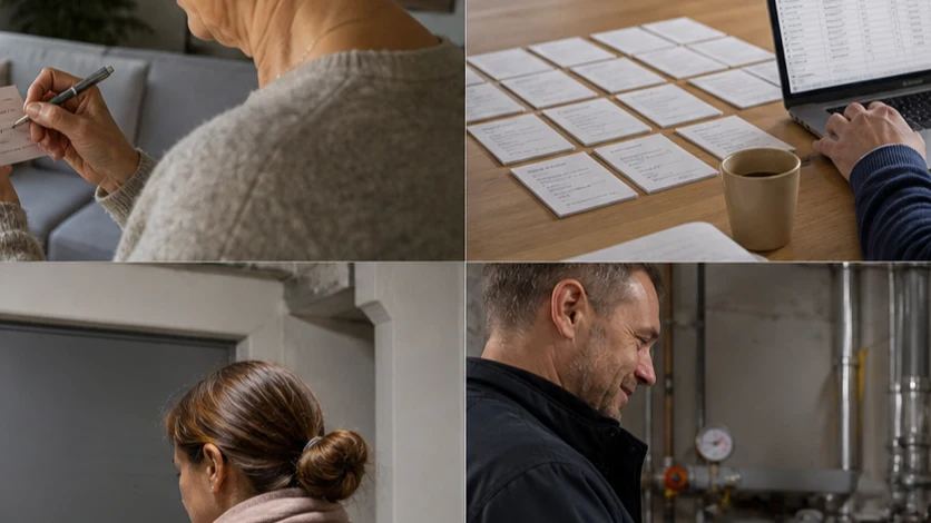 Une locataire note la pièce, l’heure et le ressenti thermique sur une fiche simple