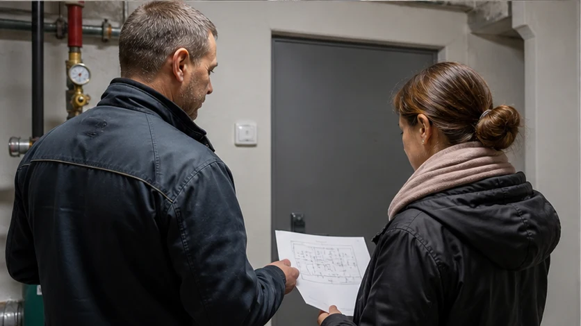 Un technicien et une représentante de PPE consultent un dossier avant l’accès à une chaufferie