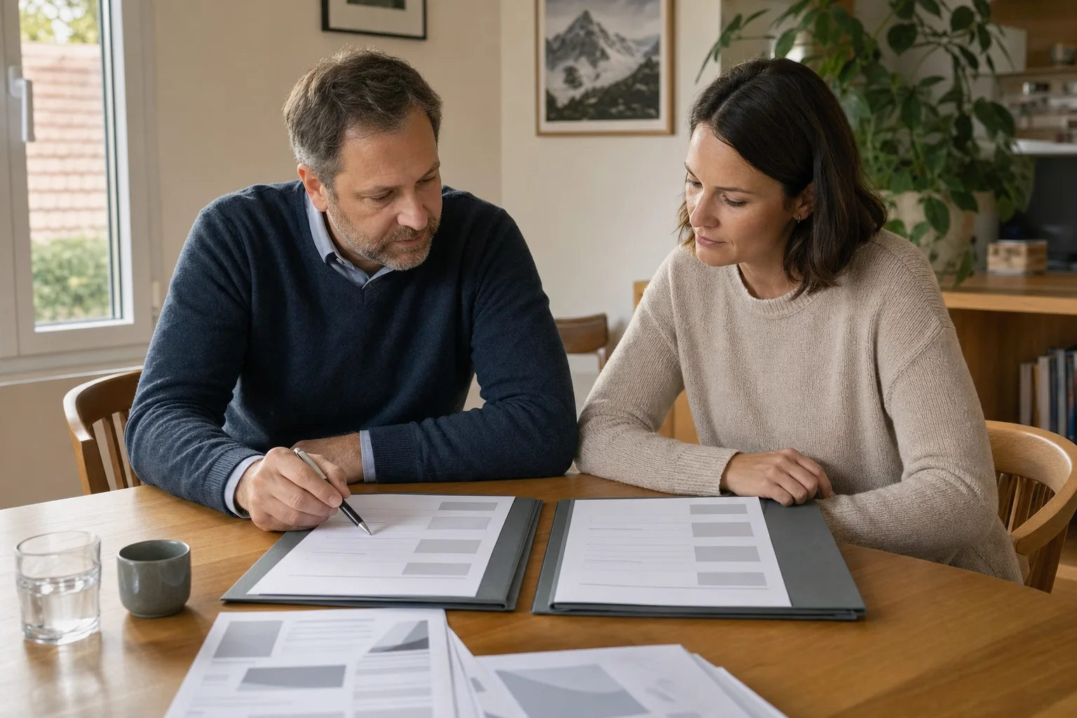 Deux adultes comparant calmement des dossiers d’offres de chauffage sur une table