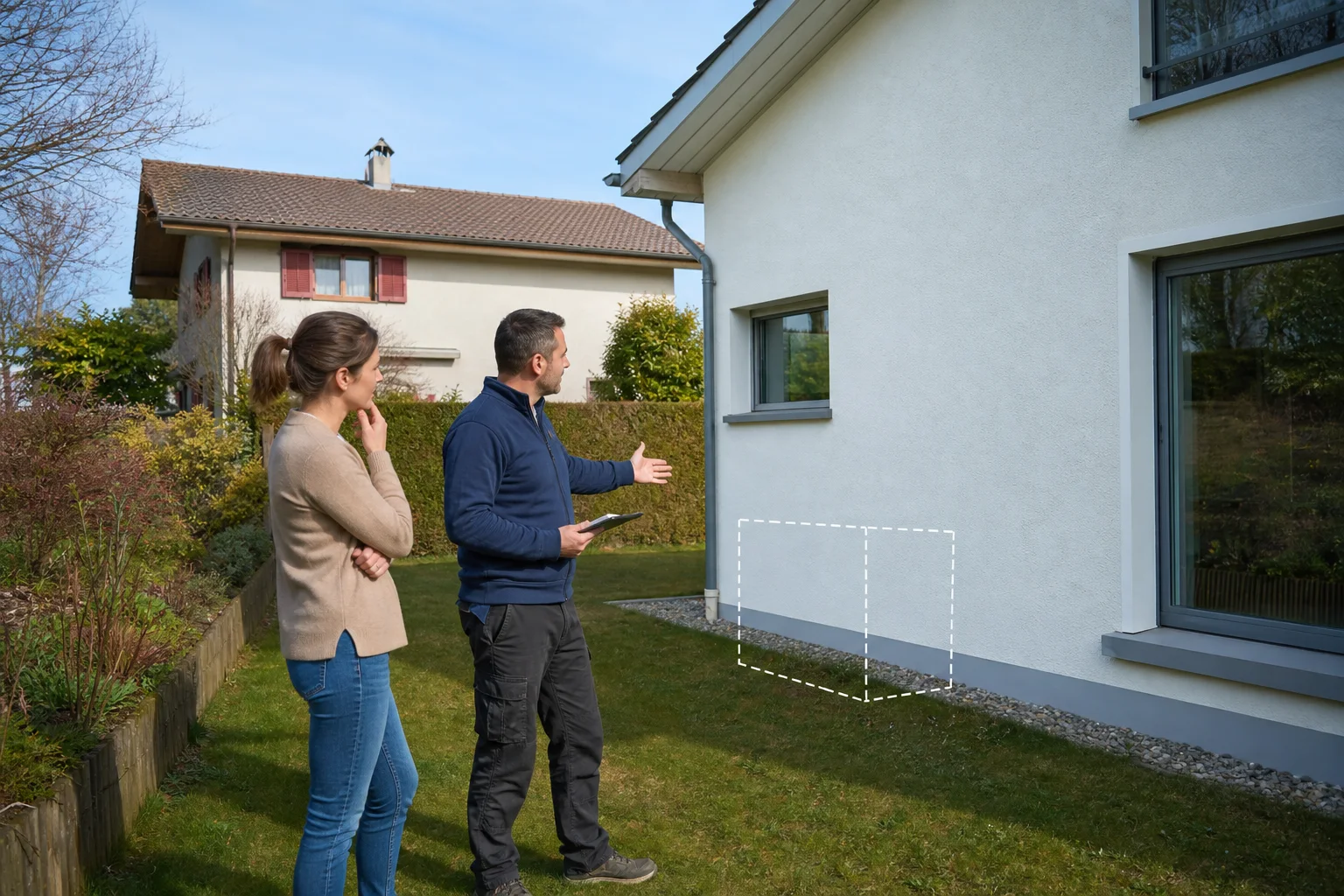 Personne et installateur repérant un emplacement extérieur près d’une maison avec recul et voisinage visibles
