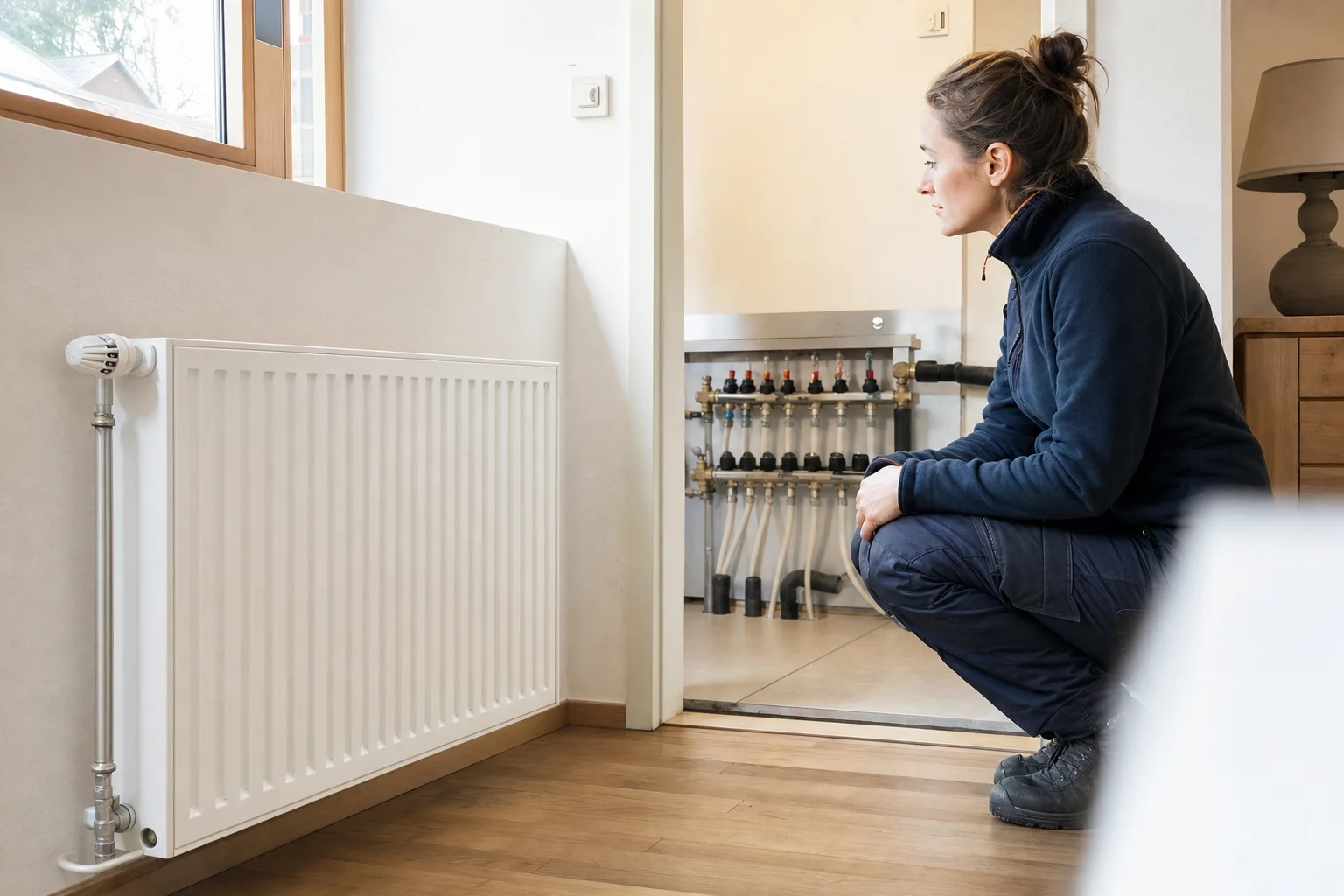 Technicienne observant un radiateur et un collecteur de chauffage au sol dans une maison