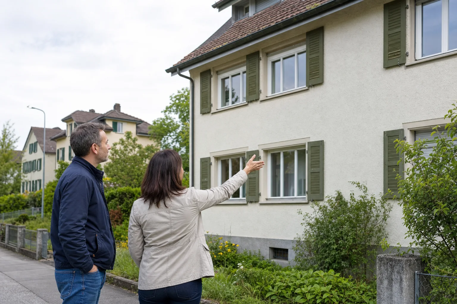 Propriétaire et conseillère regardant la façade et les fenêtres d’une maison avant une rénovation énergétique
