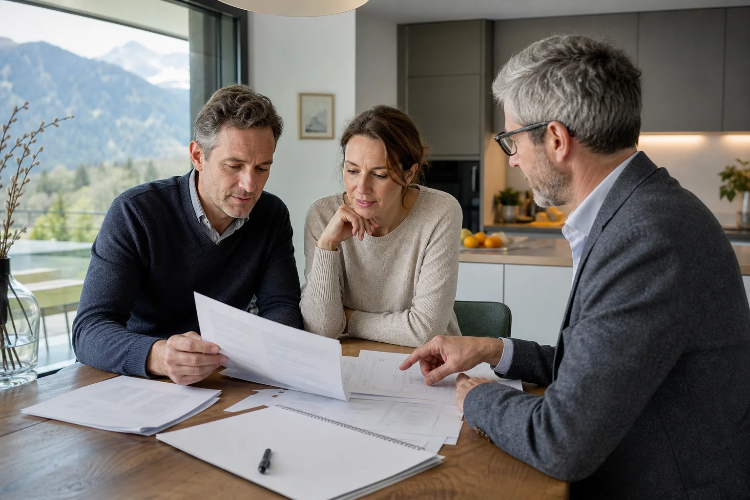 Une réunion de projet réunit propriétaire, artisan et documents de coordination.